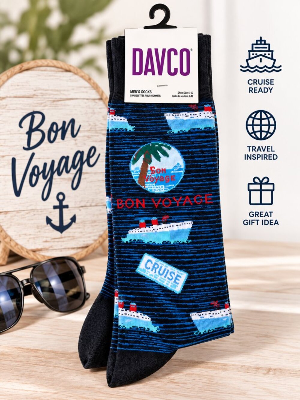 DAVCO Men's Nautical Socks Cruise Boat Palm Tree Blue Black Crew NWT 6-12